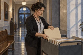 Conceptual watercolor painting of court clerk files a closed anonymous case folder.