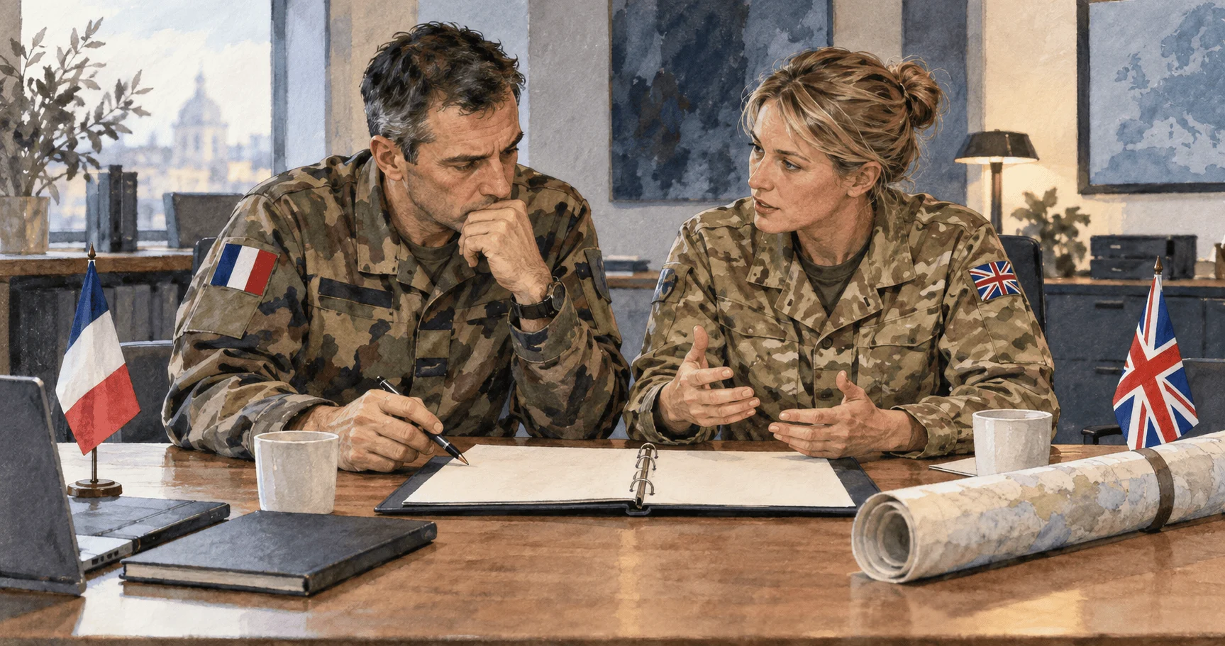 French and British planners discuss a blank logistics folder for a conditional future mission.