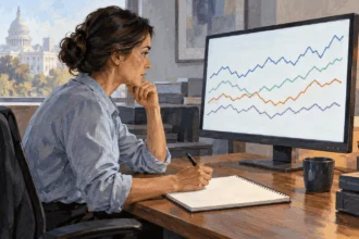 Conceptual painting of a market analyst studying nonverbal stock-trend charts.