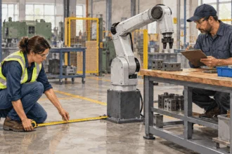 Conceptual watercolor of a safety specialist inspecting a powered-off robotic arm with an operator.