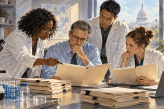 A group of scientists reviews research files in a laboratory.