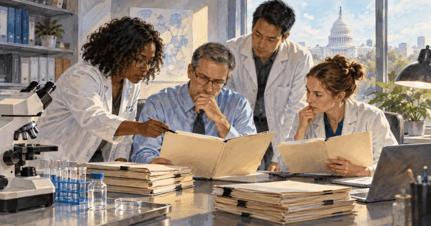 A group of scientists reviews research files in a laboratory.