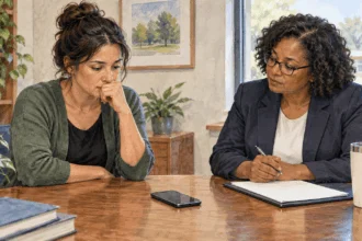 Conceptual watercolor of a teacher and counselor discussing a blank phone at a table.