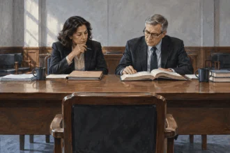 Conceptual painting of two reviewers studying a legal reference in an empty hearing room.