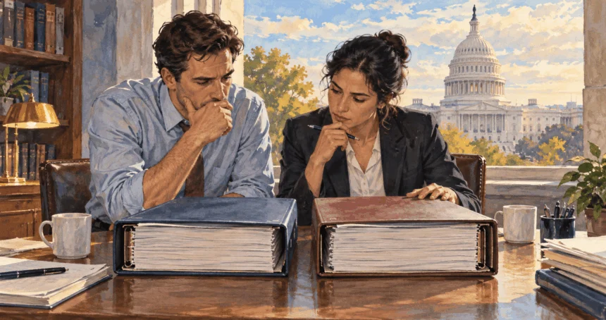 Conceptual painting of congressional staff examining defense-budget binders.