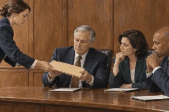 Conceptual painting of a staffer bringing an impeachment folder into committee.