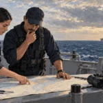 Maritime officers consult a chart with a distant merchant vessel in view.