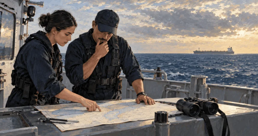Maritime officers consult a chart with a distant merchant vessel in view.
