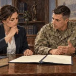 Defense counsel and operations officer review an operations folder and law book.
