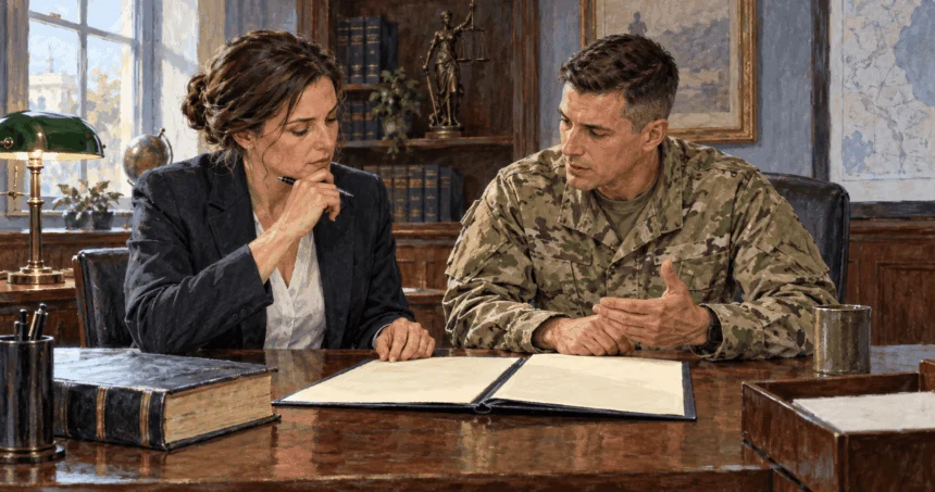 Defense counsel and operations officer review an operations folder and law book.