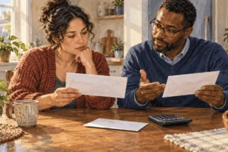 Conceptual watercolor of a household member and counselor comparing blank credit envelopes.