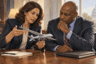 Conceptual watercolor of officials examining an aircraft model and closed legal folder.