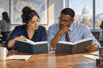 Two policy analysts compare agency manuals at a desk.