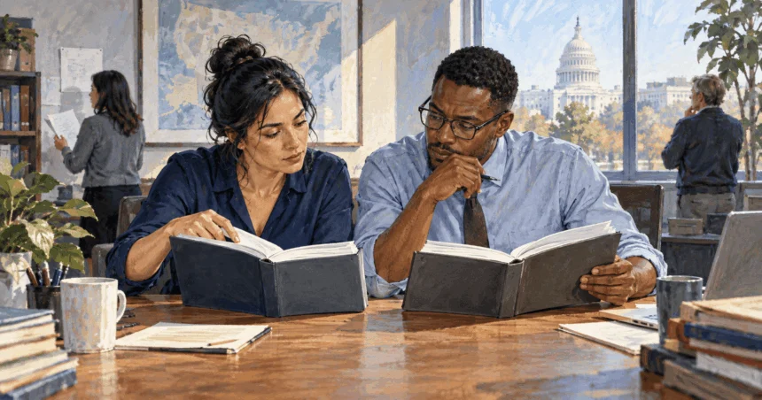 Two policy analysts compare agency manuals at a desk.