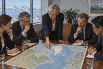 Diplomats examine a North Atlantic map during a fictional contingency discussion.