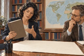 Conceptual painting of scholars discussing war-powers law in a library.
