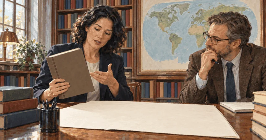 Conceptual painting of scholars discussing war-powers law in a library.