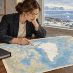 Conceptual painting of a legal researcher studying a map centered on Greenland beside a closed binder.