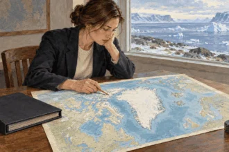 Conceptual painting of a legal researcher studying a map centered on Greenland beside a closed binder.