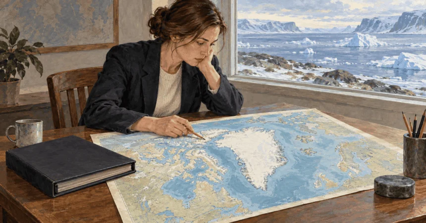 Conceptual painting of a legal researcher studying a map centered on Greenland beside a closed binder.