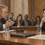 Conceptual painting of a lawmaker questioning a civilian official at a committee hearing.