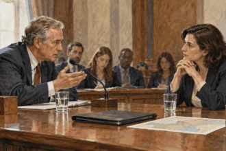 Conceptual painting of a lawmaker questioning a civilian official at a committee hearing.