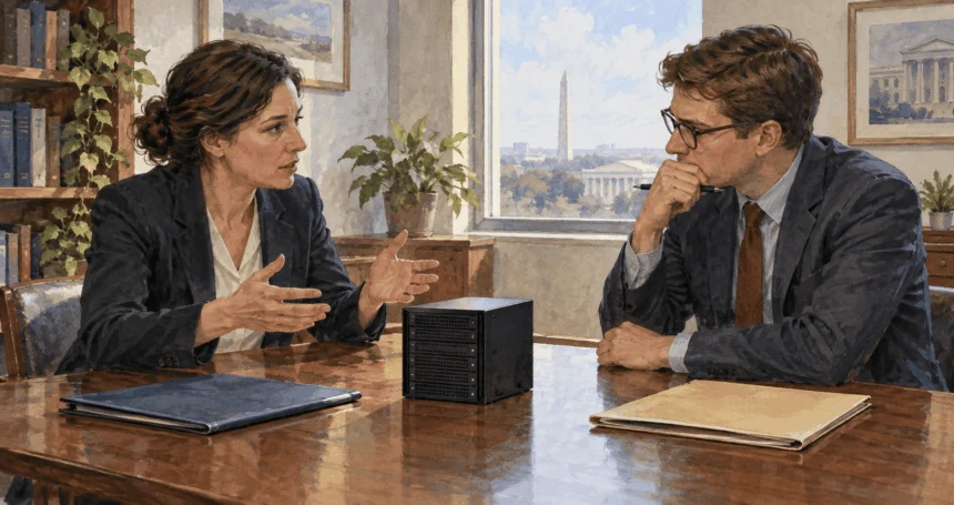 Conceptual painting of a cyber policy analyst carrying a briefing in a federal corridor.