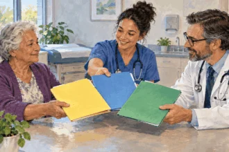 Conceptual painting of a patient and care team bringing several care plans together.