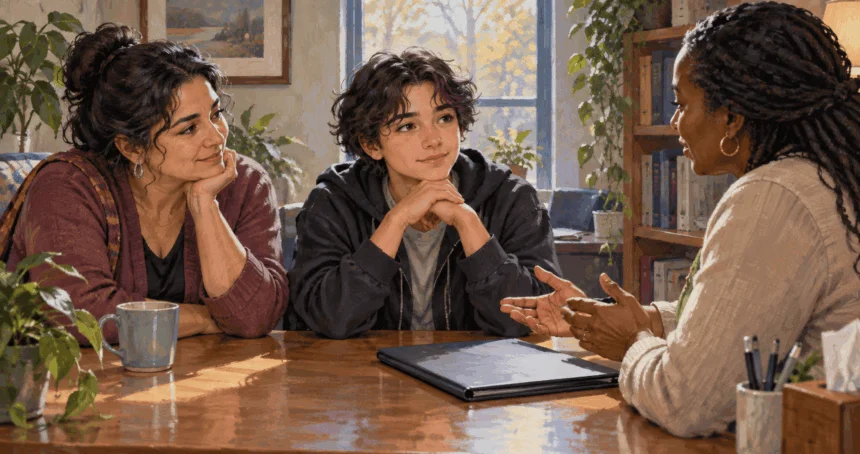 Conceptual watercolor of a student and caregiver talking with a school counselor.