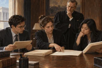 Court staff compare three case folders representing different levels of review.