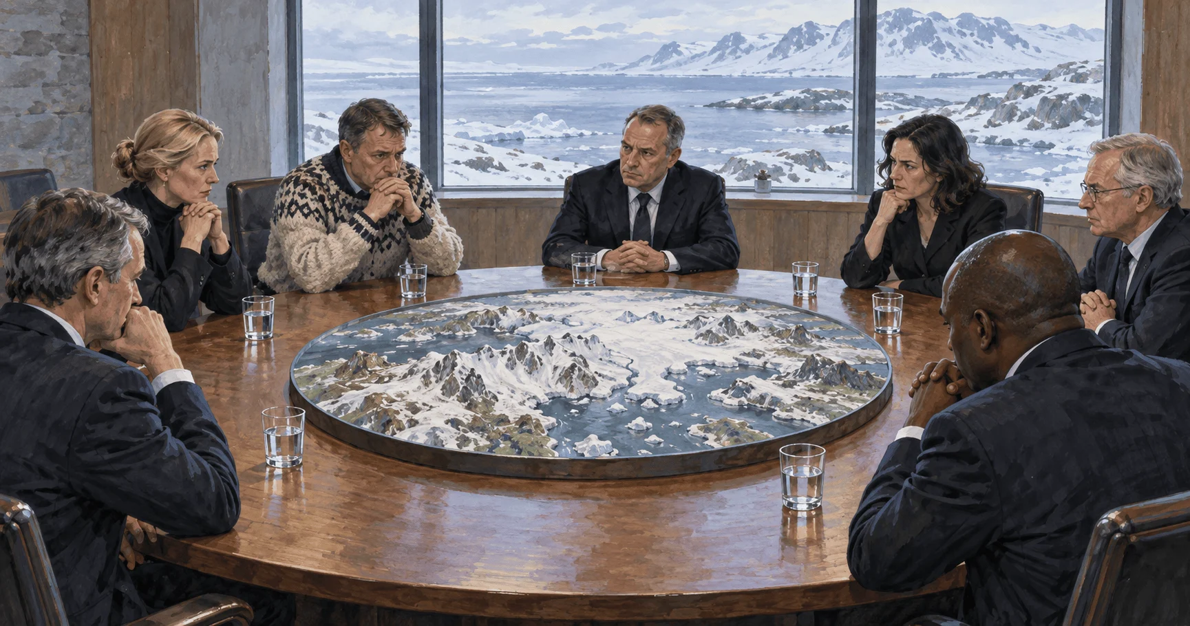 Conceptual painting of alliance delegates weighing tension over Arctic territory.