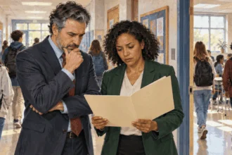 Conceptual painting of school leaders reviewing a budget as students go to class.