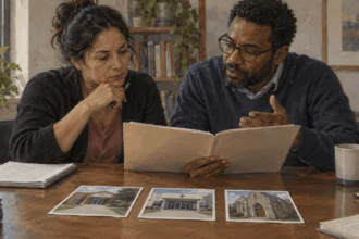 Advocates review a policy folder beside photographs of community sites.