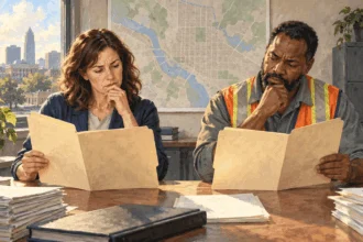 Conceptual painting of municipal workers reviewing costs of an unrequested federal operation.