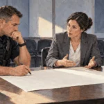 Conceptual watercolor of a local police officer and city counsel discussing a response plan.