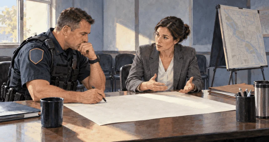 Conceptual watercolor of a local police officer and city counsel discussing a response plan.