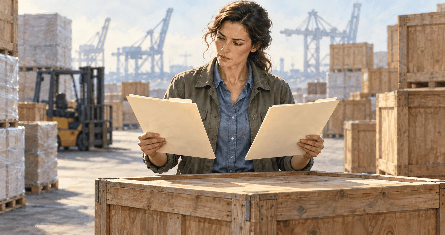 Conceptual painting of an importer comparing possible tariff-law paths beside a shipping crate.