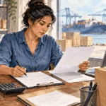 Painted importer reviewing records beside a harbor where cargo containers are unloaded.