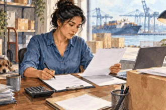 Painted importer reviewing records beside a harbor where cargo containers are unloaded.