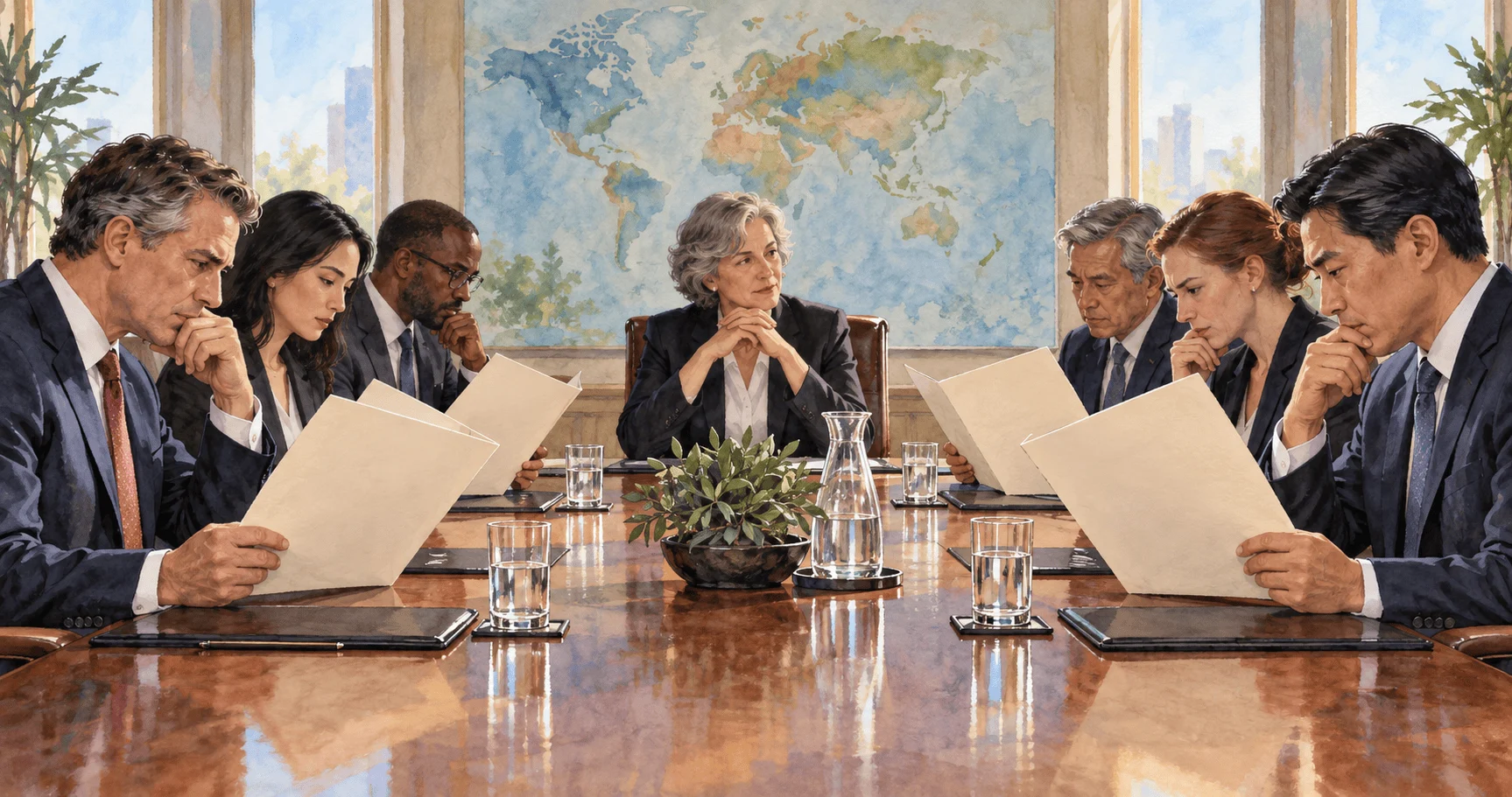 Conceptual watercolor of fictional trade delegations reviewing blank folders with a mediator.