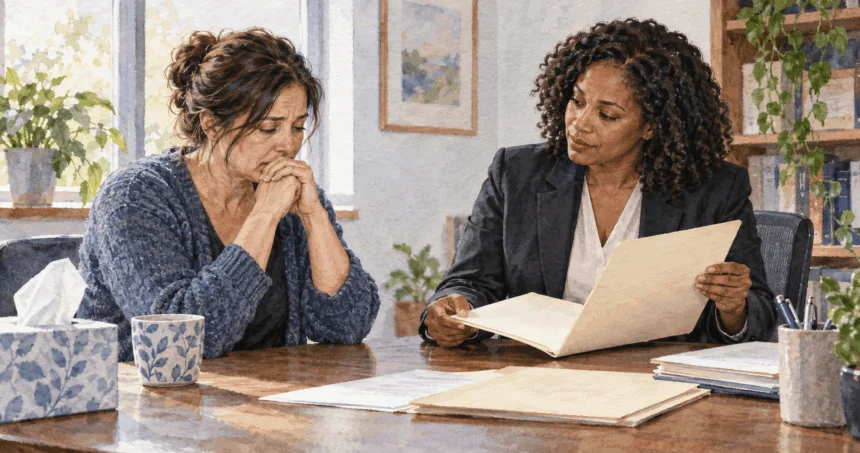 Conceptual painting of a family member discussing a possible civil lawsuit with an attorney.