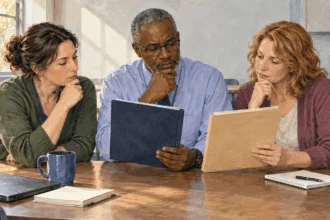 Conceptual watercolor of school staff considering two blank policy folders.