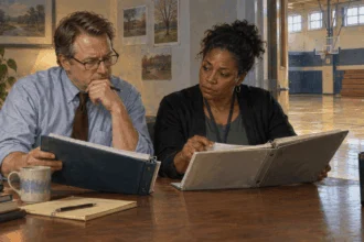 School officials compare two sets of guidance near a gym.