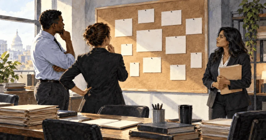Conceptual watercolor of civil-rights attorneys considering a blank evidence board and case folder.