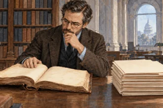 Conceptual painting of a legal historian comparing old trade law with newer policy folders.