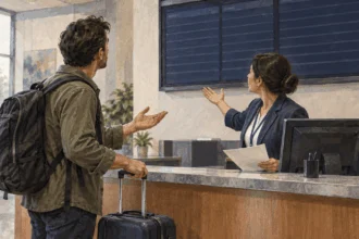 Conceptual painting of a traveler asking consular staff about departure options.