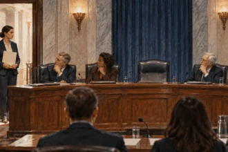 Conceptual painting of a nomination folder waiting outside a Senate committee.