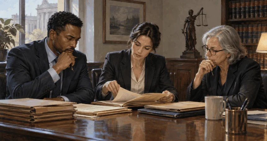 Prosecutors and an ethics adviser review a case file together.