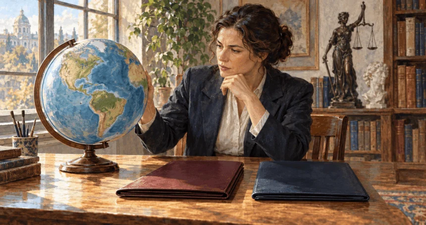 Conceptual watercolor of a legal scholar considering a globe and closed treaty folders.