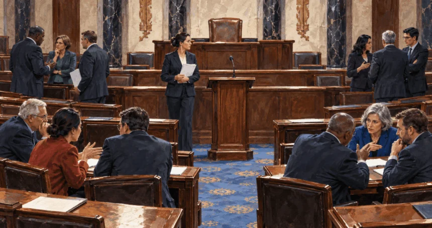 Conceptual painting of a legislative clerk waiting while lawmakers confer on the chamber floor.
